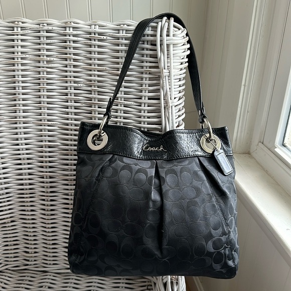 Coach Handbags - COACH Black Signature C Sateen Shoulder Bag with Creased Leather Trim